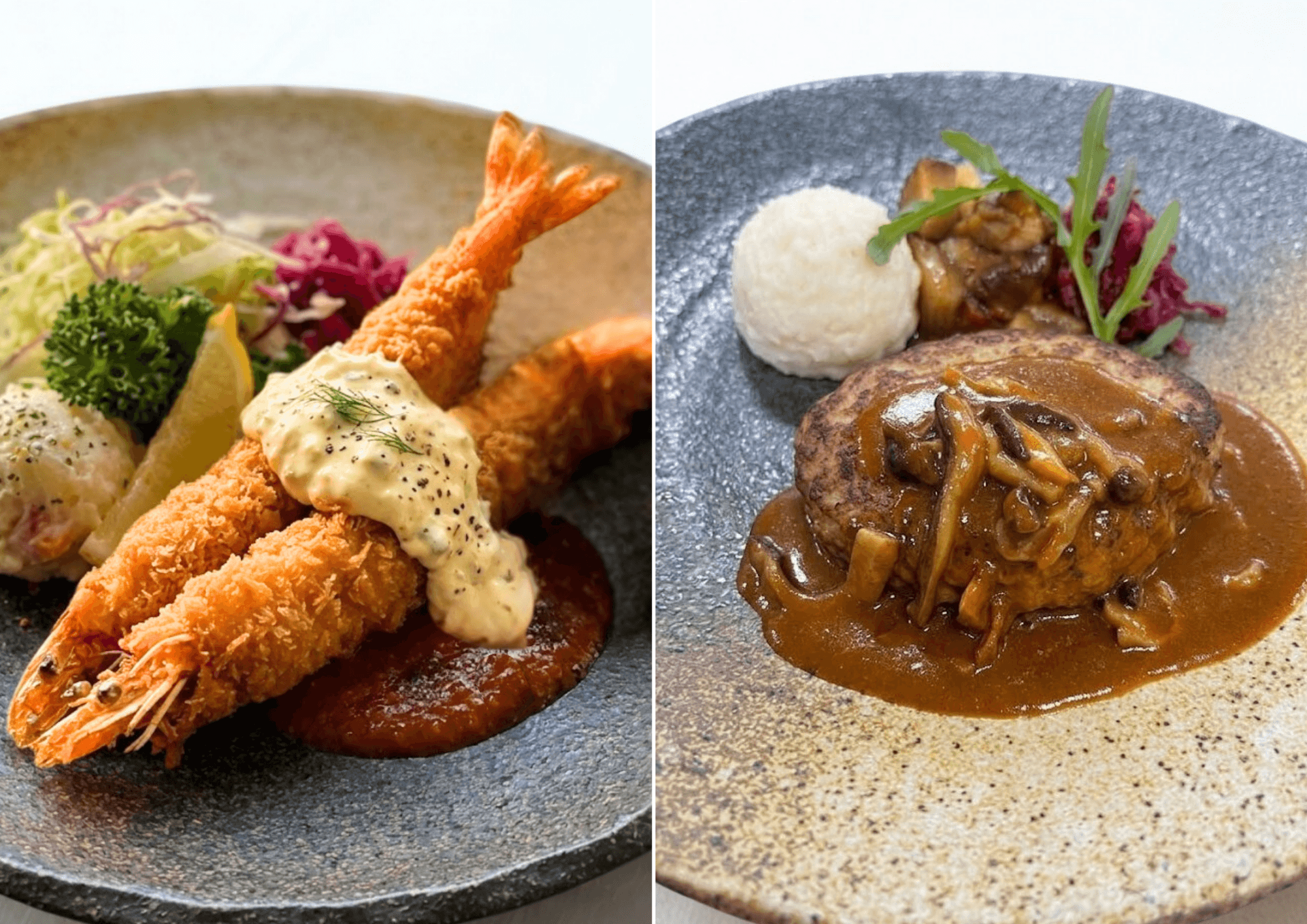 ③ハーフ＆ハーフ<br>ジャンボエビフライ(1本)＆ミニあぐーハンバーグ<br> ～ストロガノフ風ソース～ </p>の画像