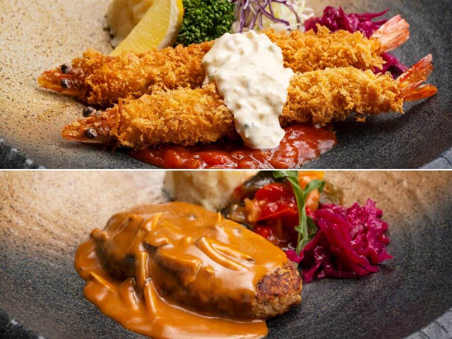 ③ハーフ＆ハーフ<br>ジャンボエビフライ(1本)＆ミニあぐーハンバーグ<br> ～ストロガノフ風ソース～ </p>の画像